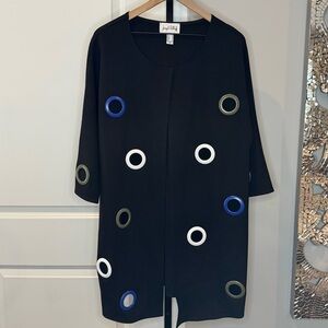 Joseph Ribkoff Black Tunic Top Blue White Grommet Rings 3/4 Sleeve NWOT